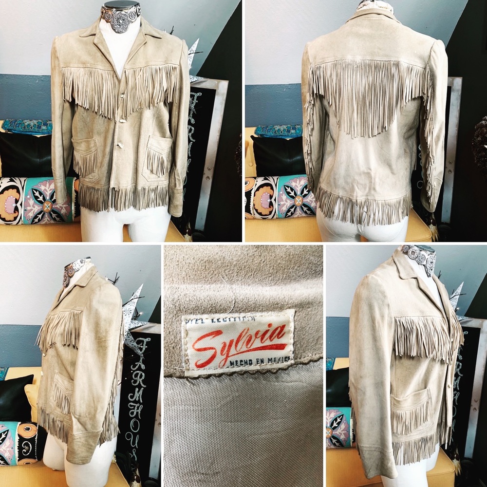 VINTAGE FRINGED suede SYLVIA Jacket Small Camel